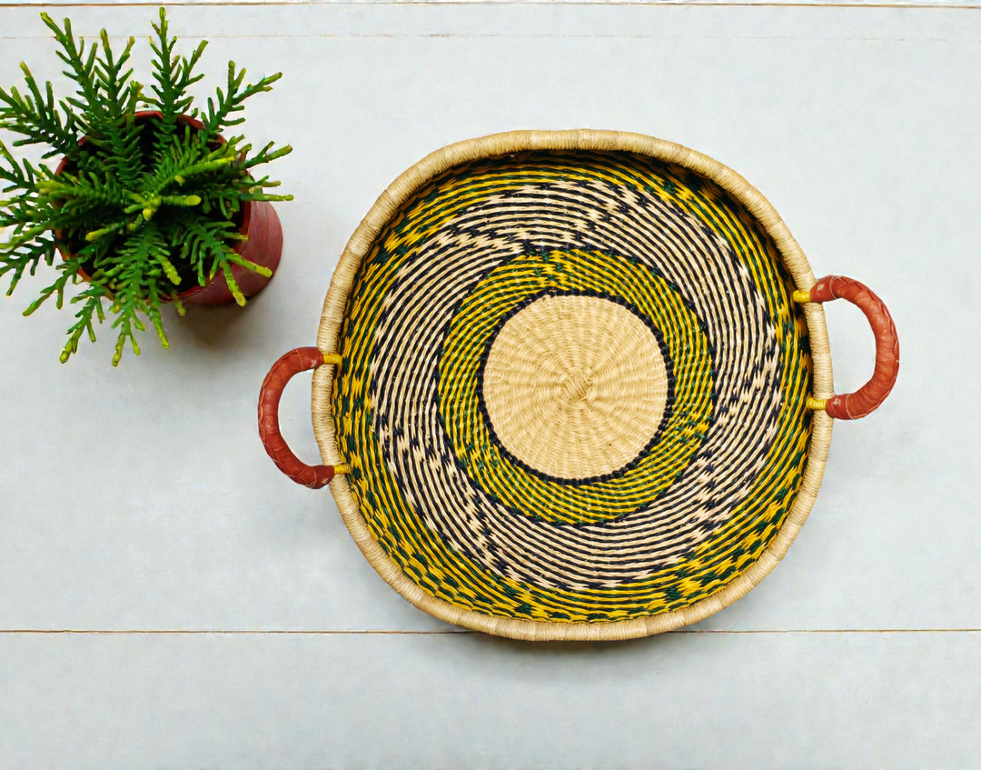 Bolga Round Tray with Leather Handles (Plant-Based Dyes)