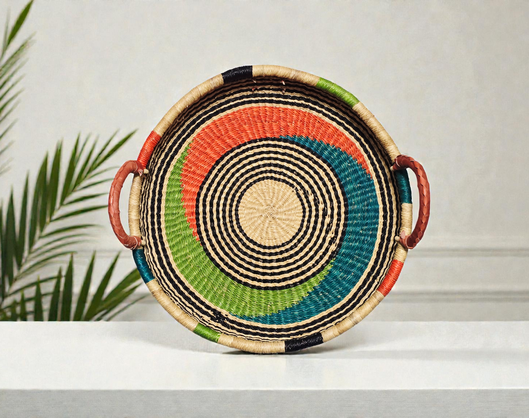 Bolga Round Tray with Leather Handles (Plant-Based Dyes)