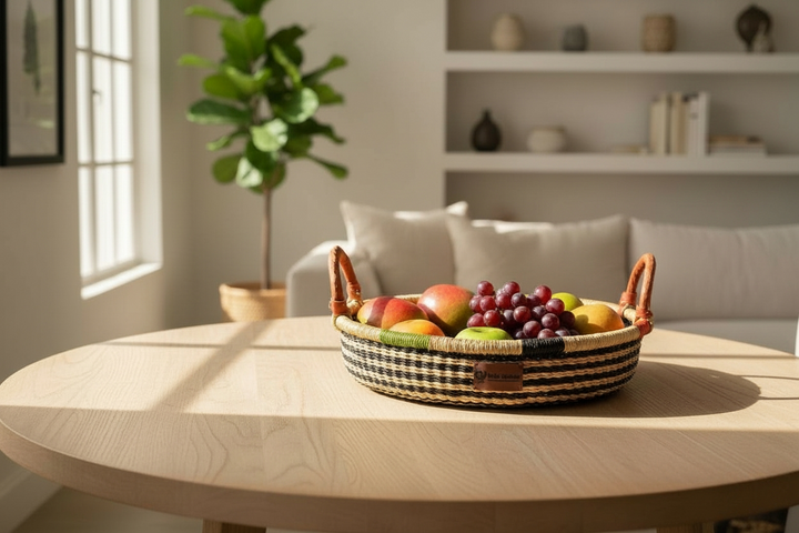 Bolga Round Tray with Leather Handles (Plant-Based Dyes)